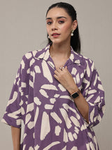 Libas Purple Abstract Printed Cotton Straight Short Kurti