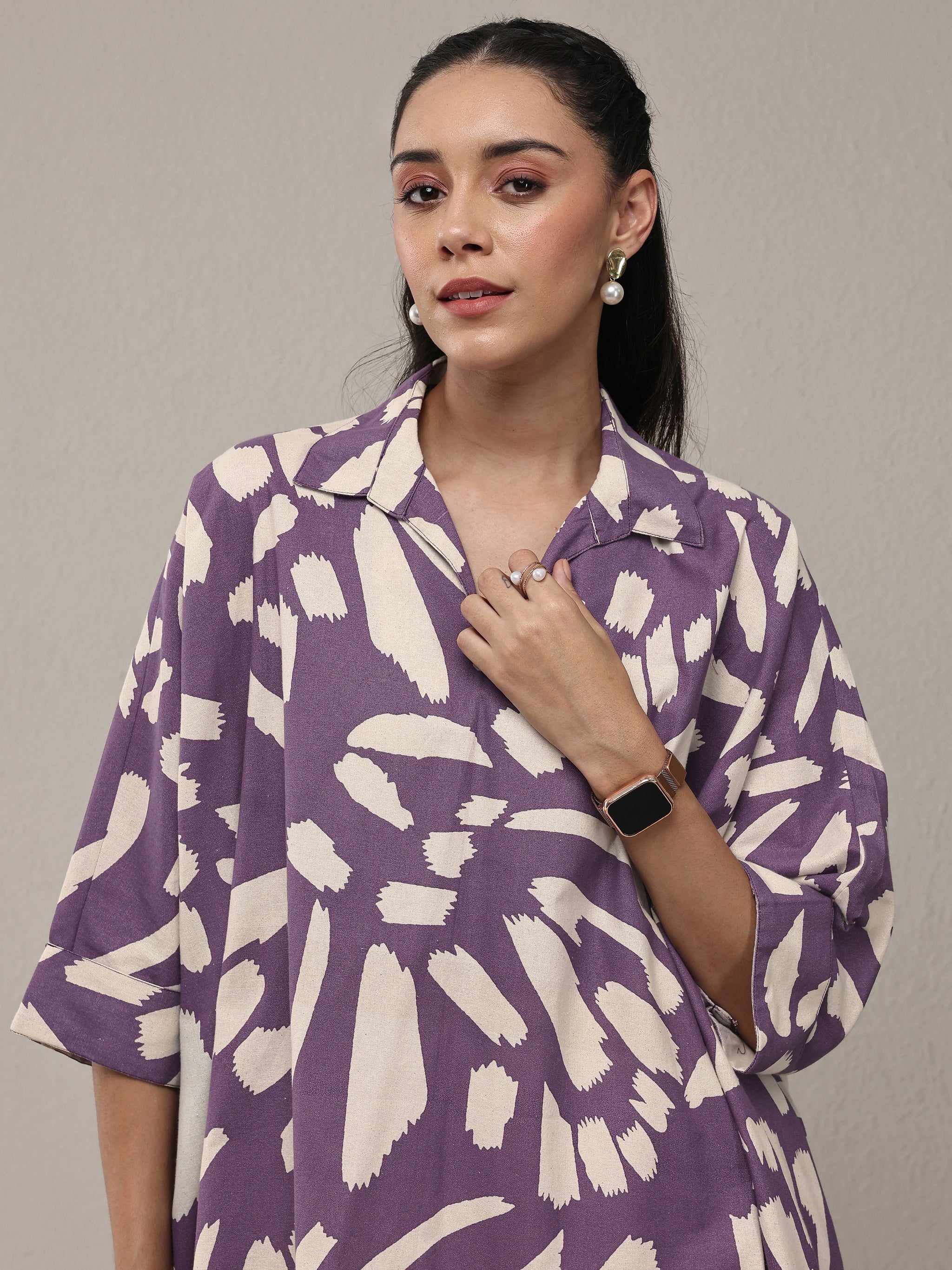 Libas Purple Abstract Printed Cotton Straight Short Kurti