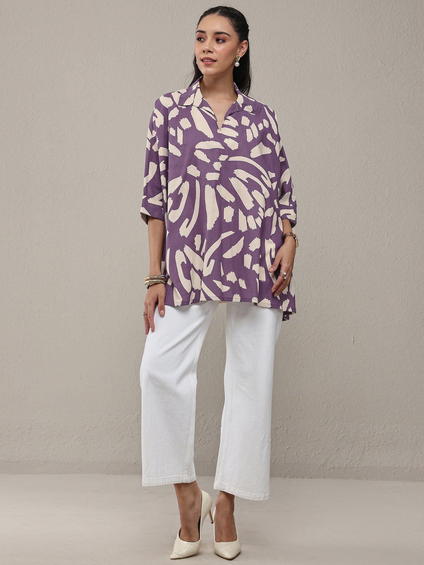 Libas Purple Abstract Printed Cotton Straight Short Kurti
