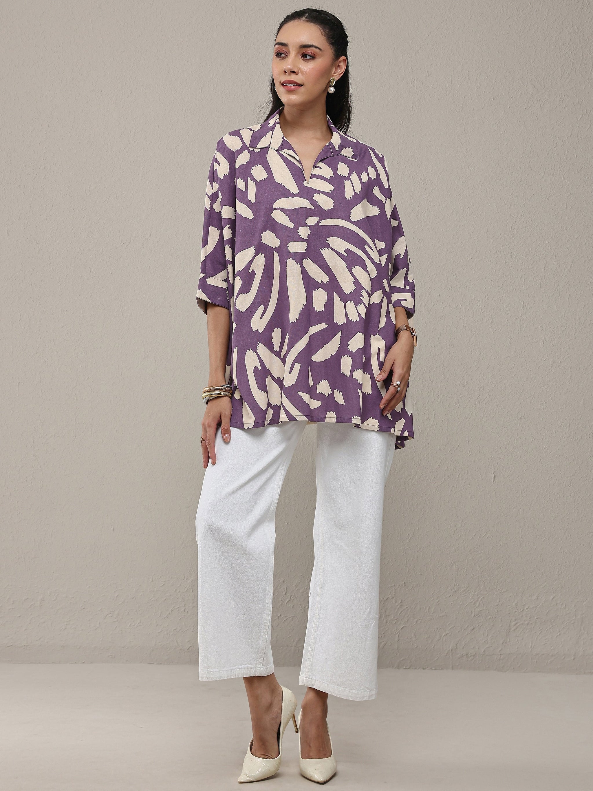 Libas Purple Abstract Printed Cotton Straight Short Kurti