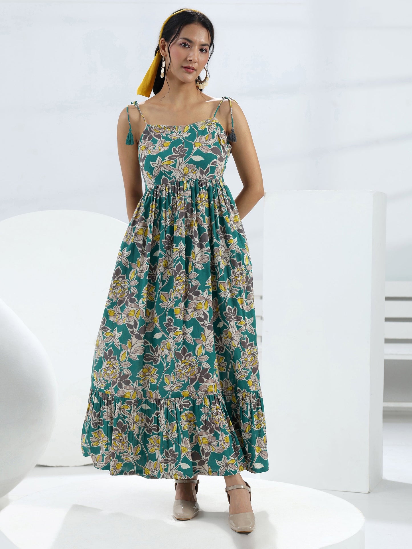 Libas Teal Floral Printed Fit-And-Flare Cotton One-Piece Dress
