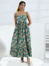 Libas Teal Floral Printed Fit-And-Flare Cotton One-Piece Dress