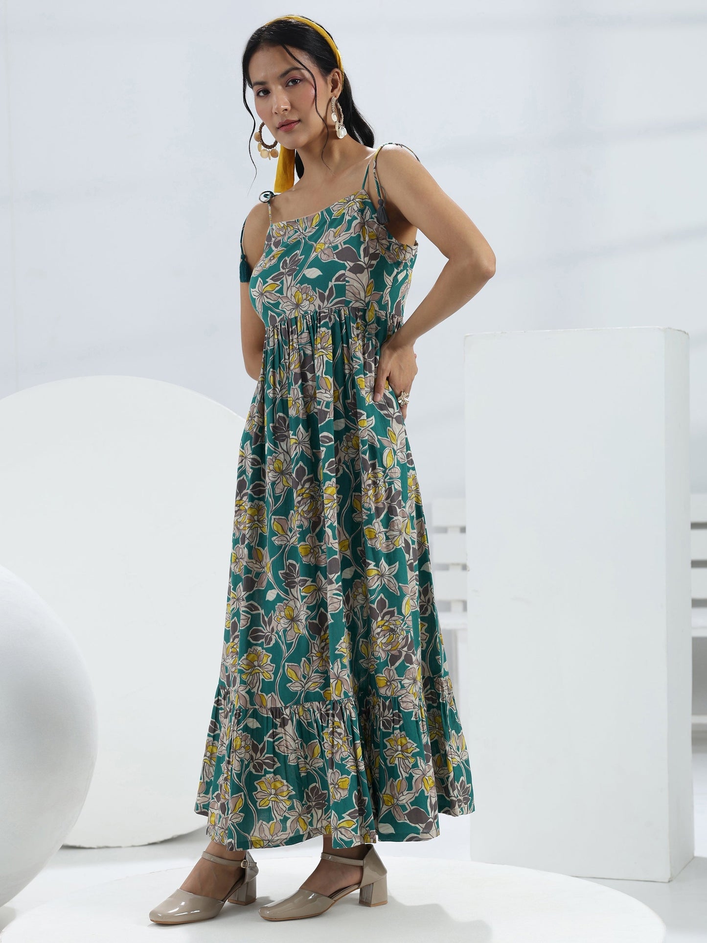 Libas Teal Floral Printed Fit-And-Flare Cotton One-Piece Dress