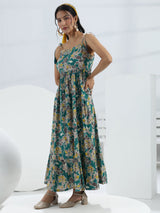Libas Teal Floral Printed Fit-And-Flare Cotton One-Piece Dress
