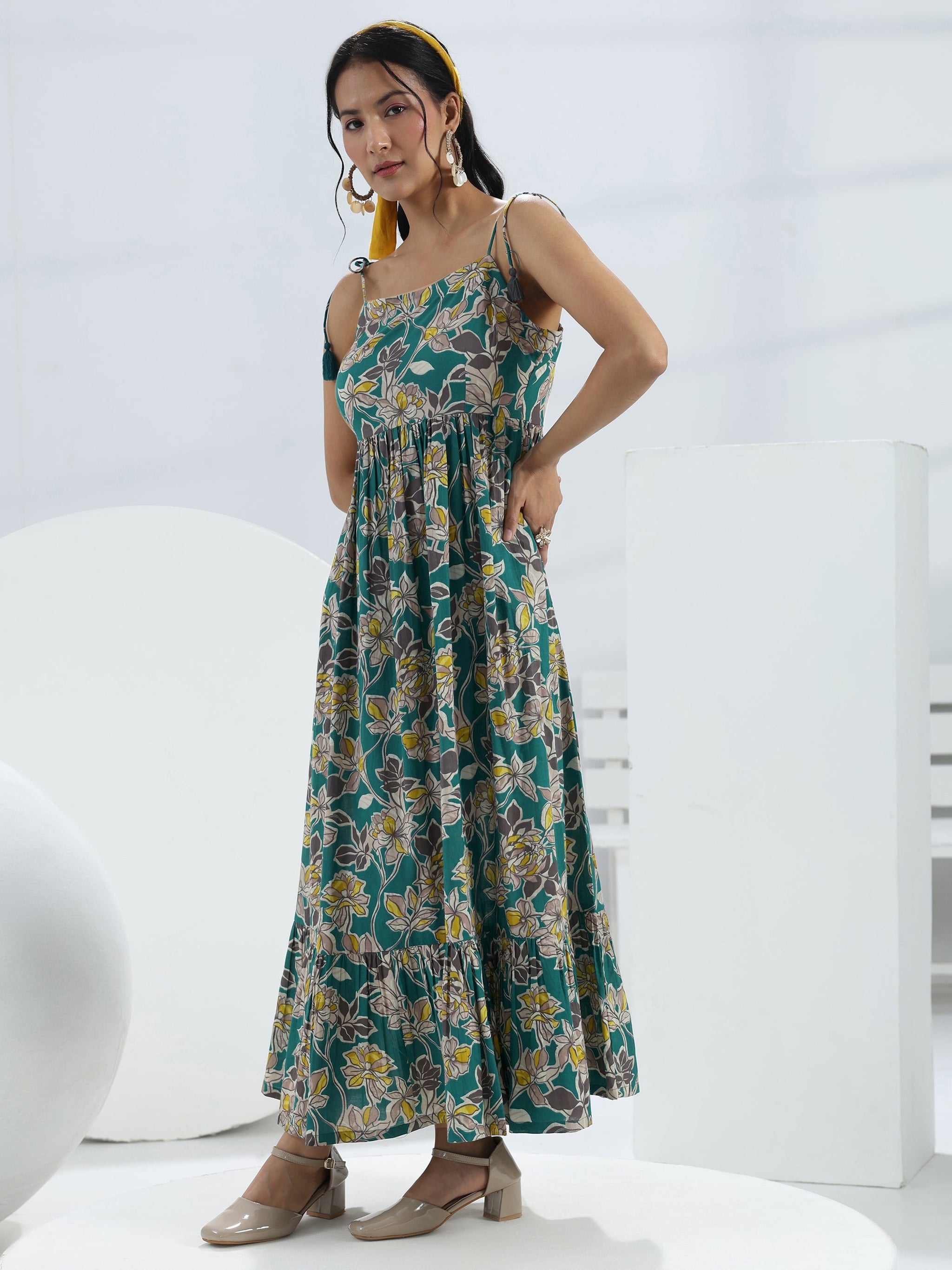 Libas Teal Floral Printed Fit-And-Flare Cotton One-Piece Dress