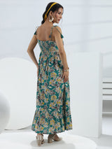 Libas Teal Floral Printed Fit-And-Flare Cotton One-Piece Dress