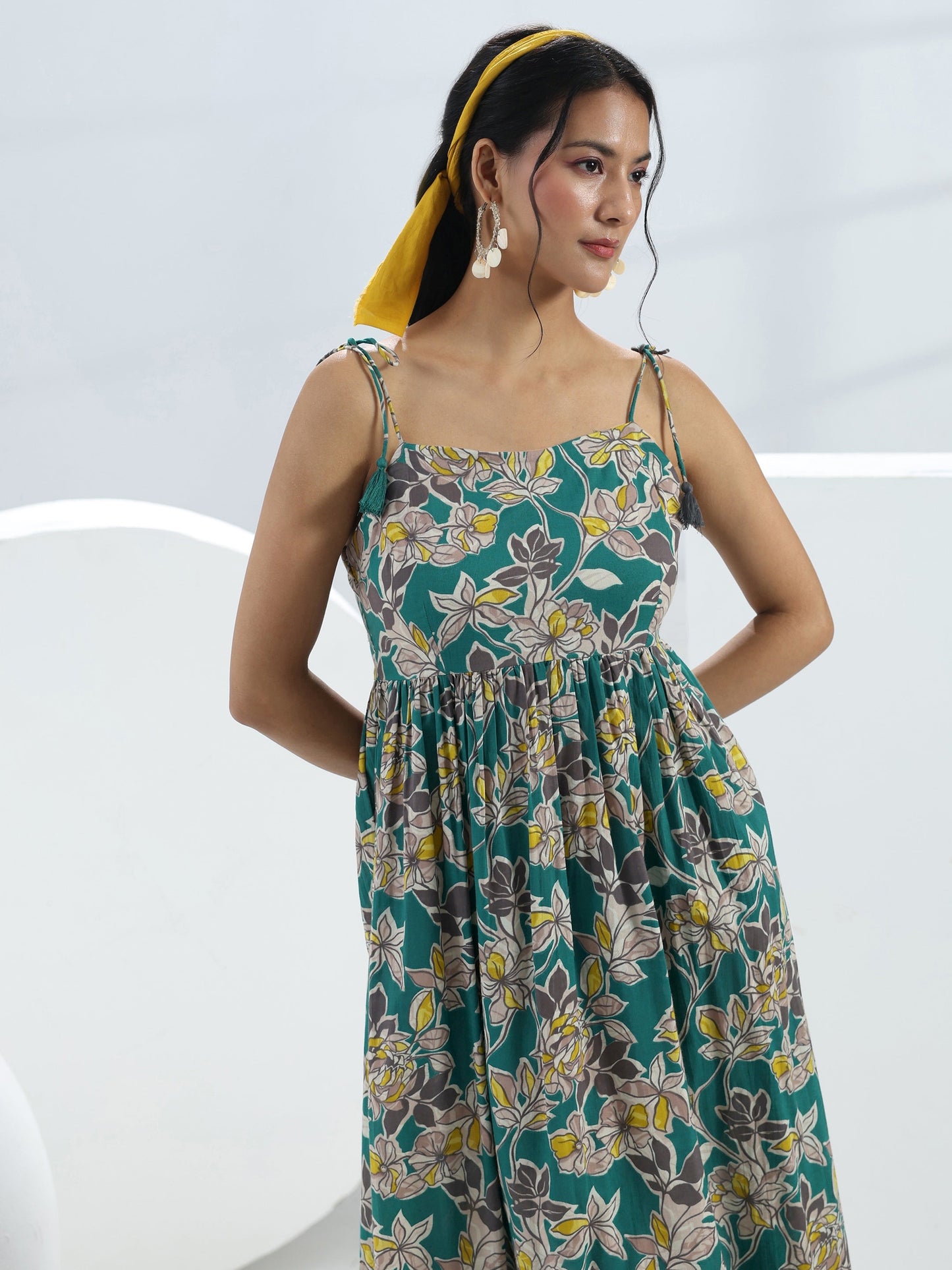Libas Teal Floral Printed Fit-And-Flare Cotton One-Piece Dress