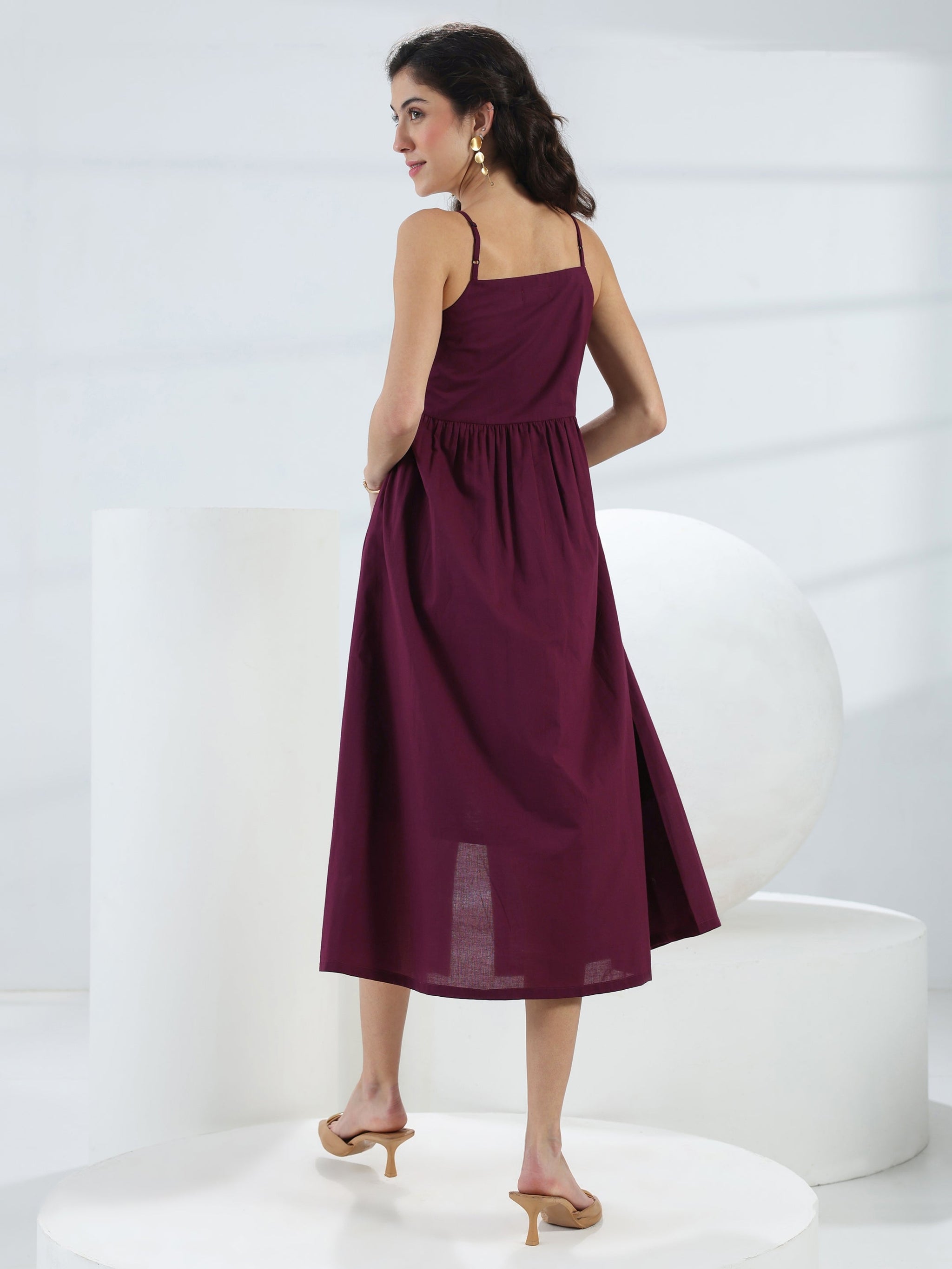 Libas Burgundy Solid Cotton A-Line One-Piece Dress
