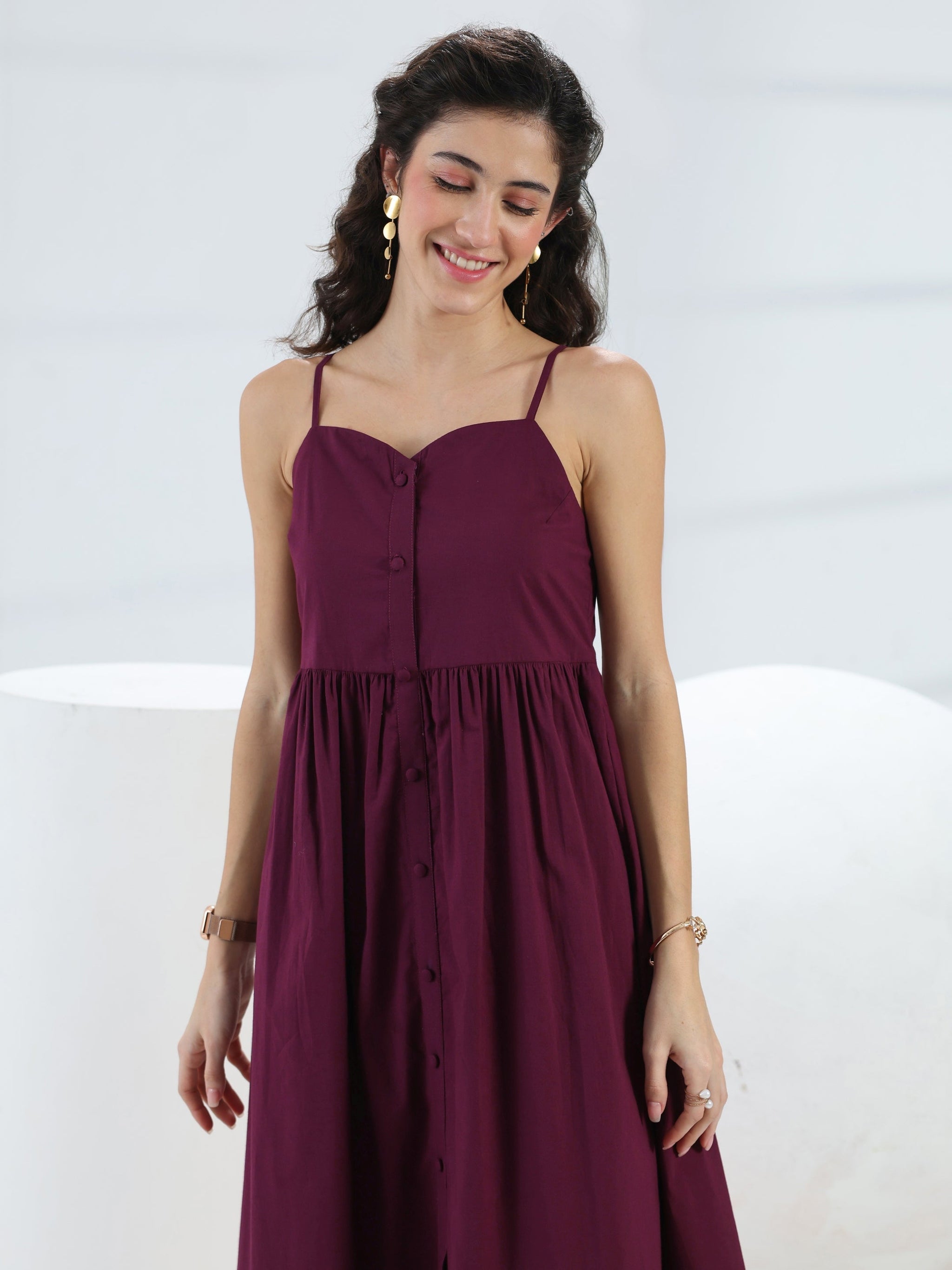 Libas Burgundy Solid Cotton A-Line One-Piece Dress