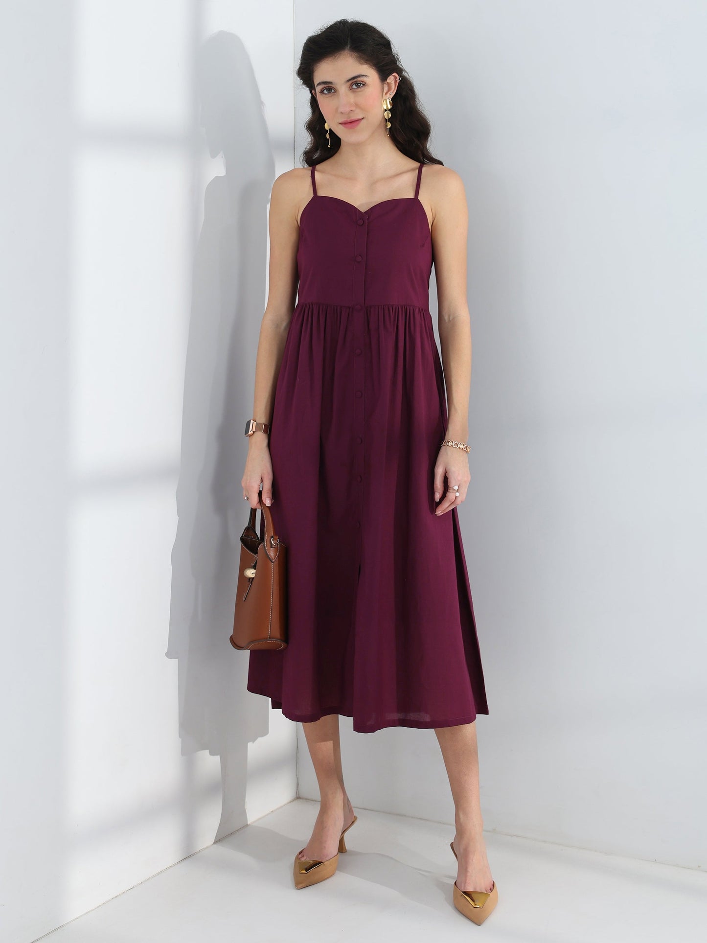 Libas Burgundy Solid Cotton A-Line One-Piece Dress
