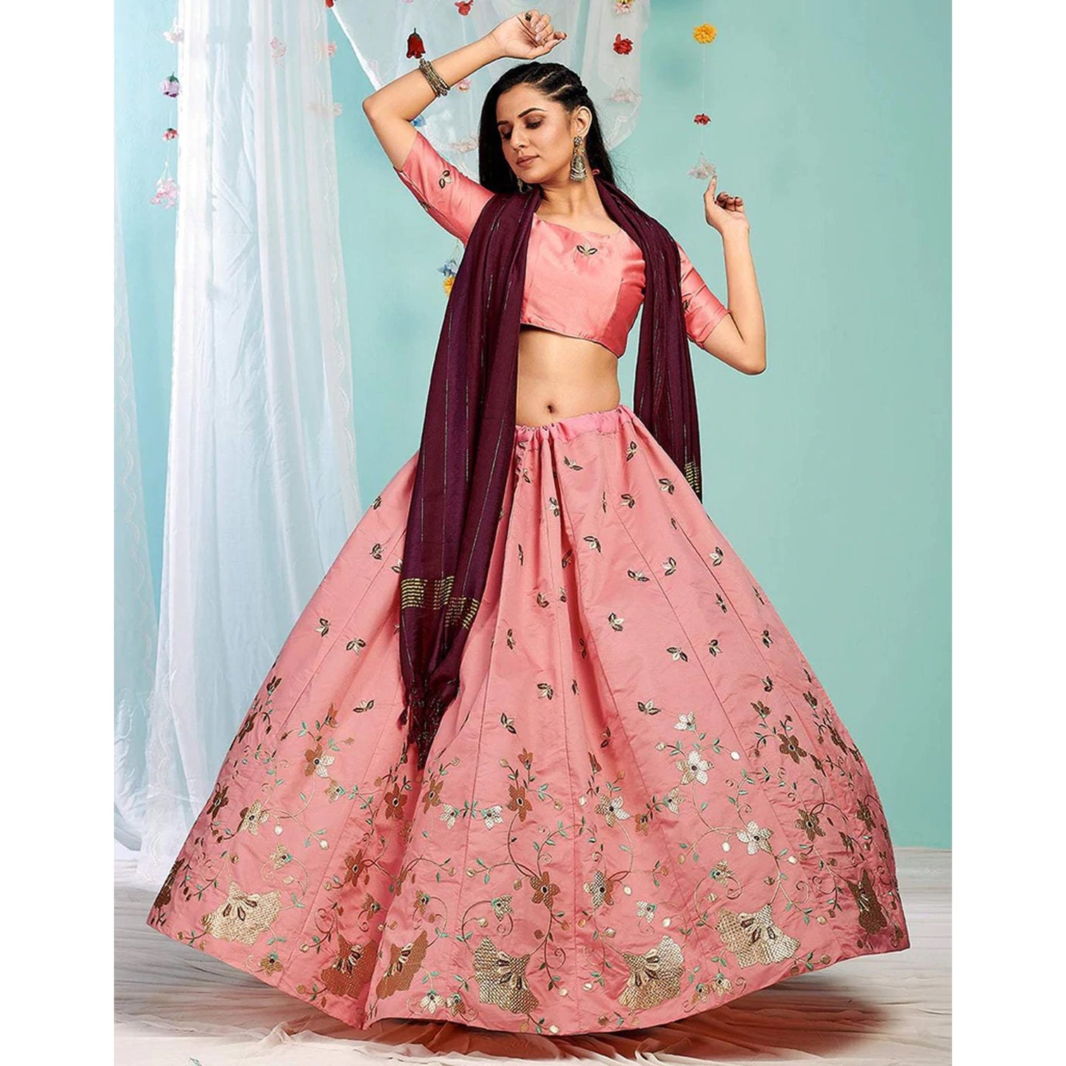 Sweet Pink Gota Patti and Zari Stich Without can can work Lehenga choli