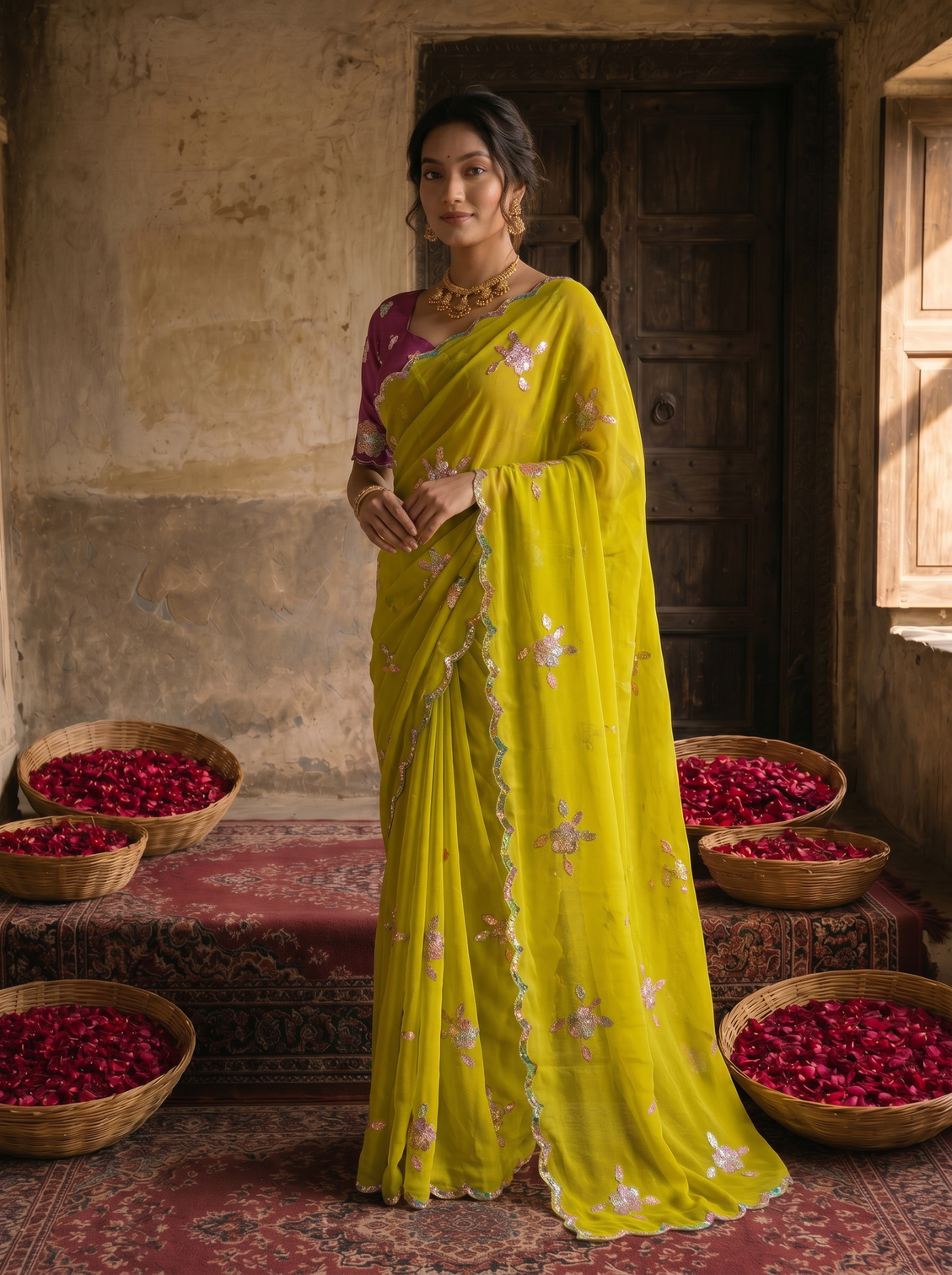 Lime yellow georgette embroidered saree with floral sequin work contrast magenta blouse
