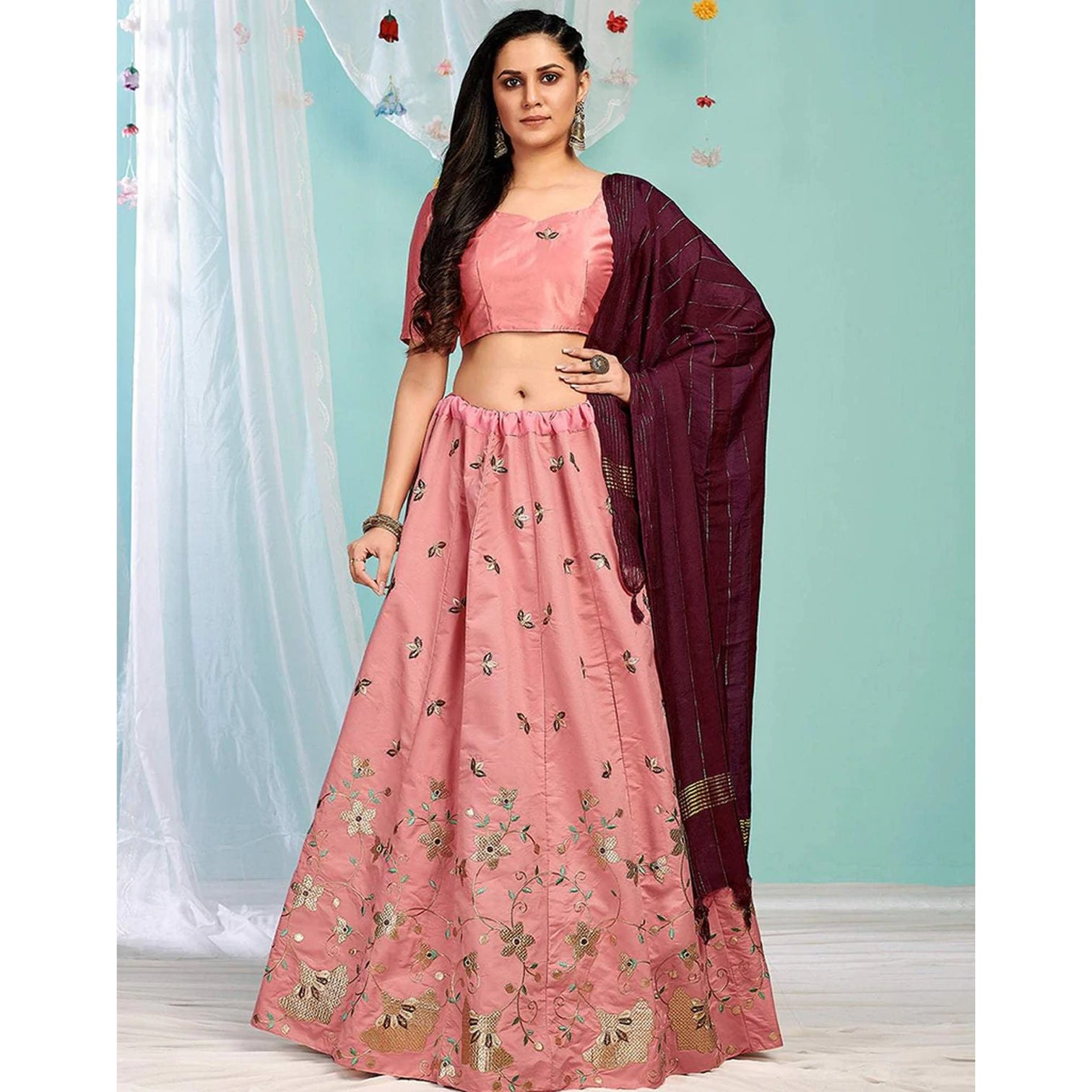 Sweet Pink Gota Patti and Zari Stich Without can can work Lehenga choli