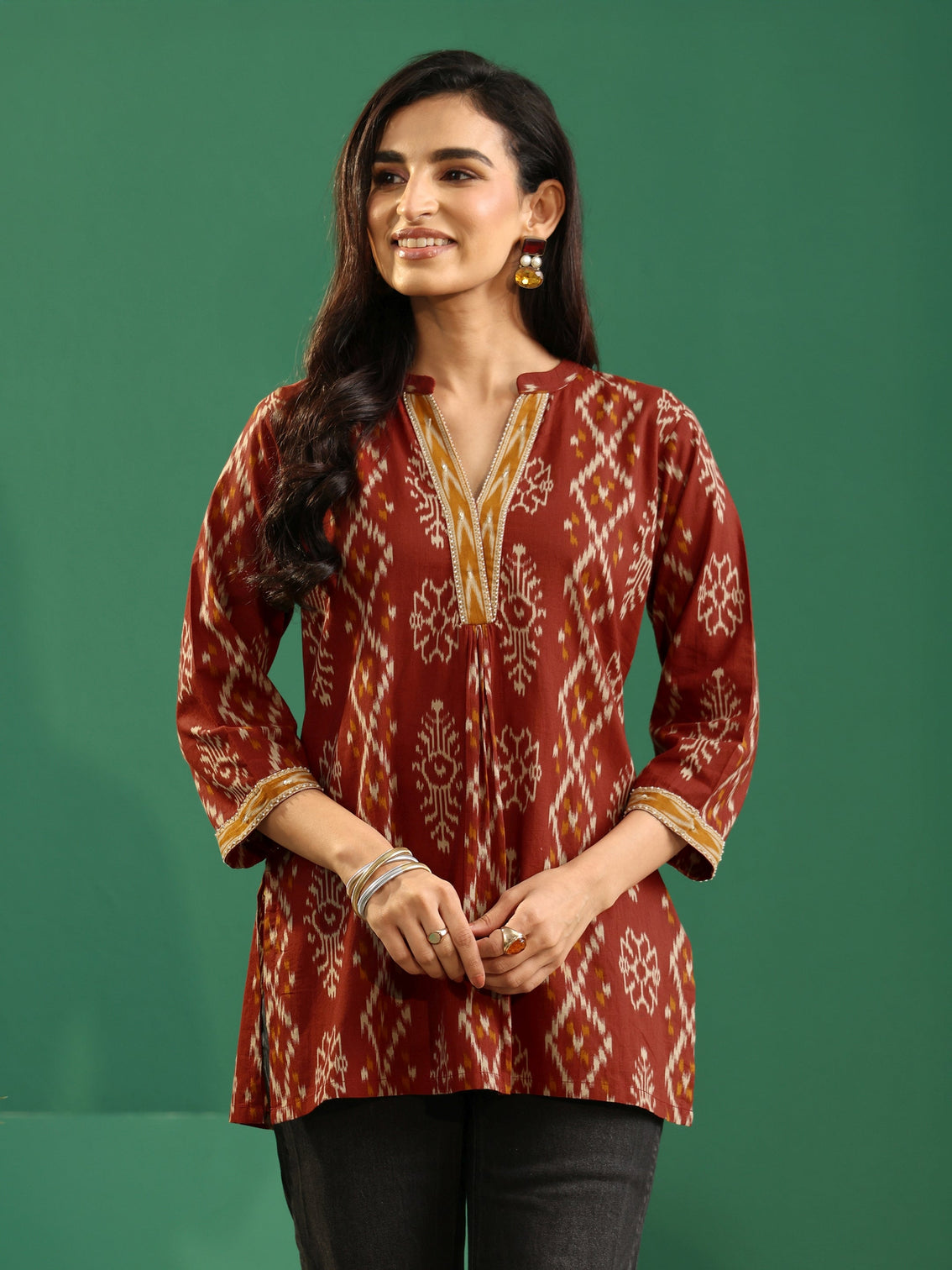 Mameraa Rust Brown Printed Cotton Short Kurti