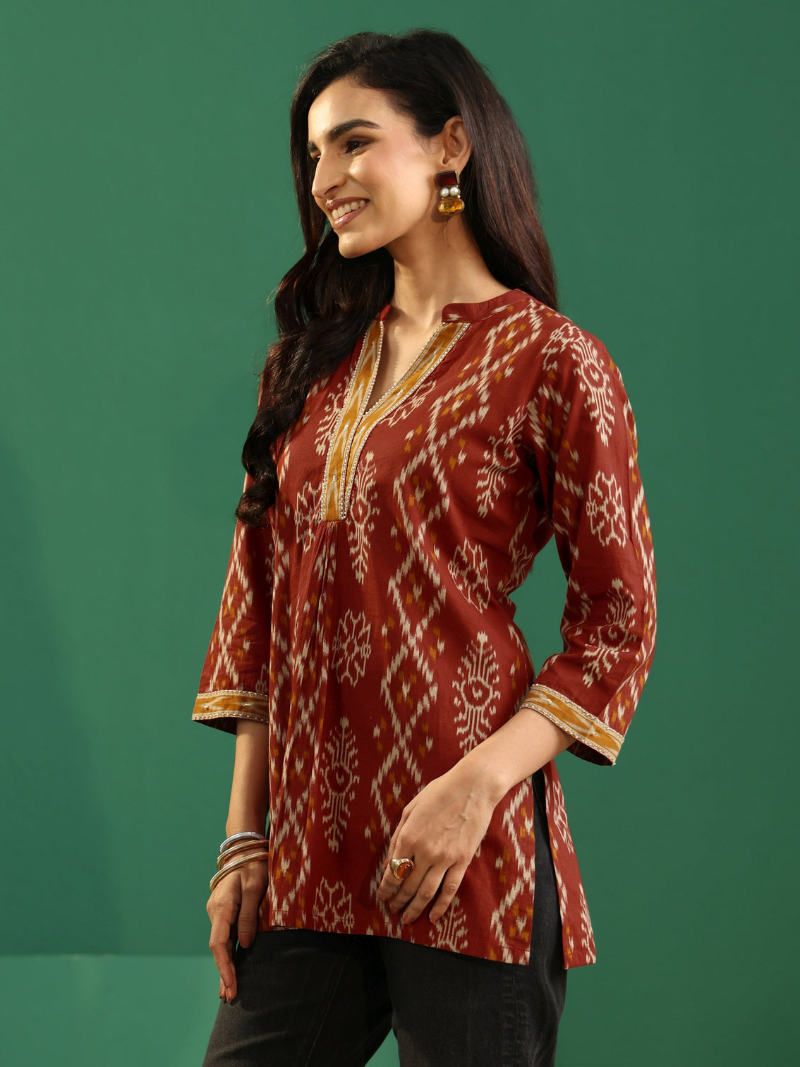 Mameraa Rust Brown Printed Cotton Short Kurti