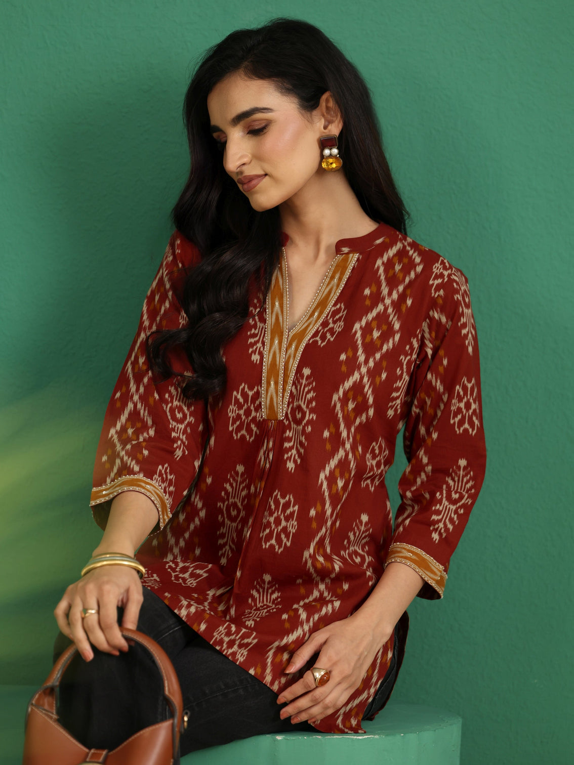 Mameraa Rust Brown Printed Cotton Short Kurti