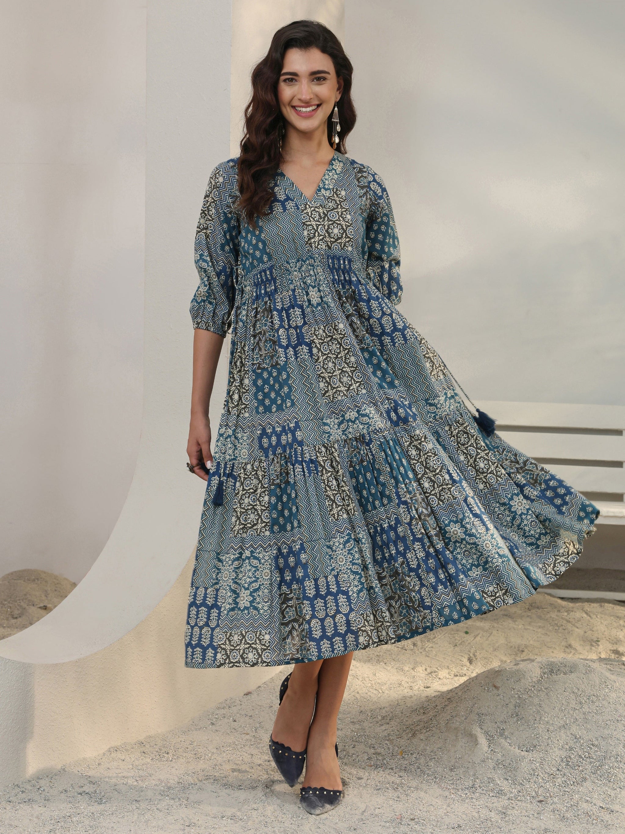 Libas Blue Ethnic Printed Cotton A-Line One Piece Dress