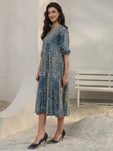 Libas Blue Ethnic Printed Cotton A-Line One Piece Dress