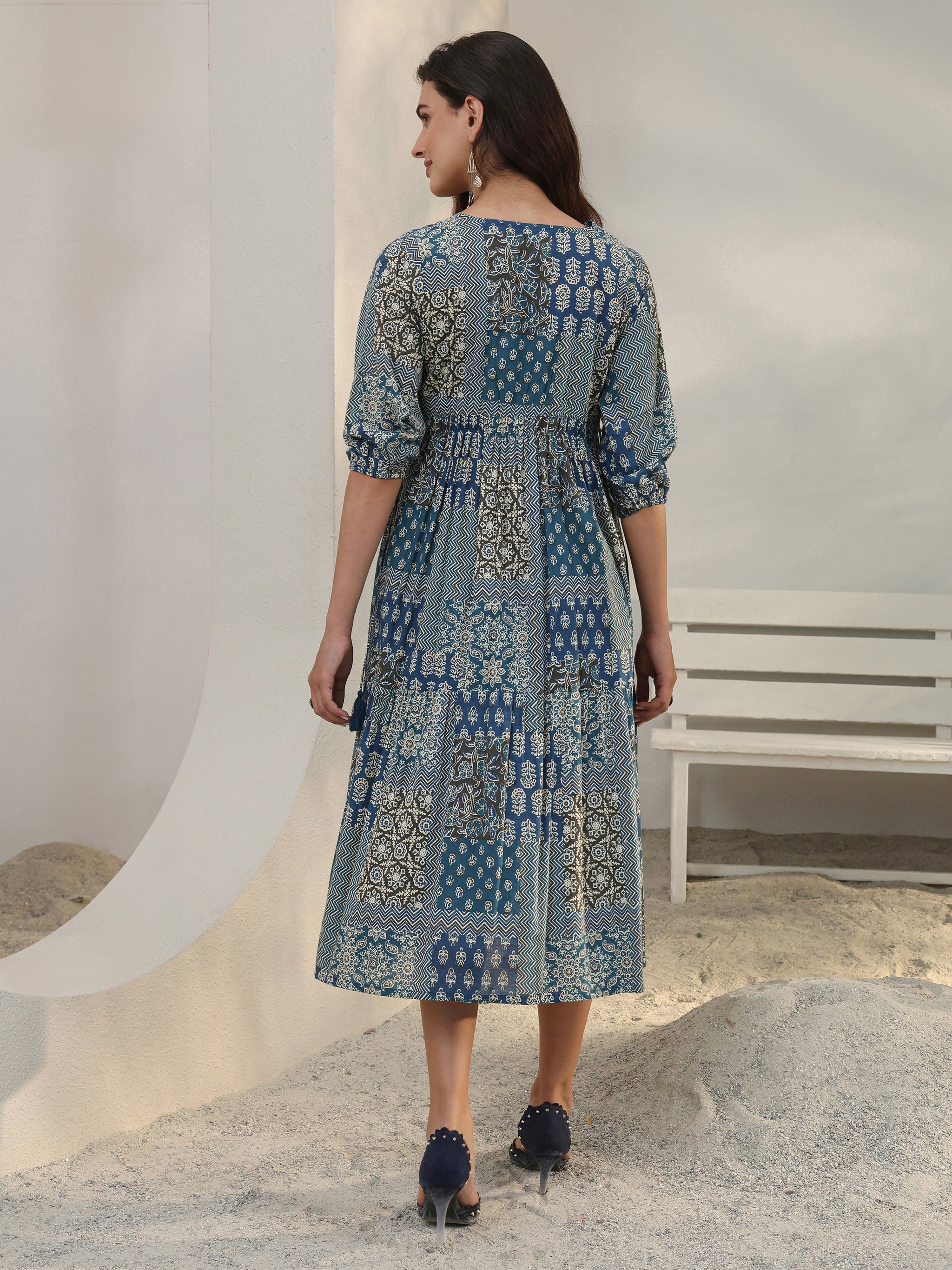 Libas Blue Ethnic Printed Cotton A-Line One Piece Dress