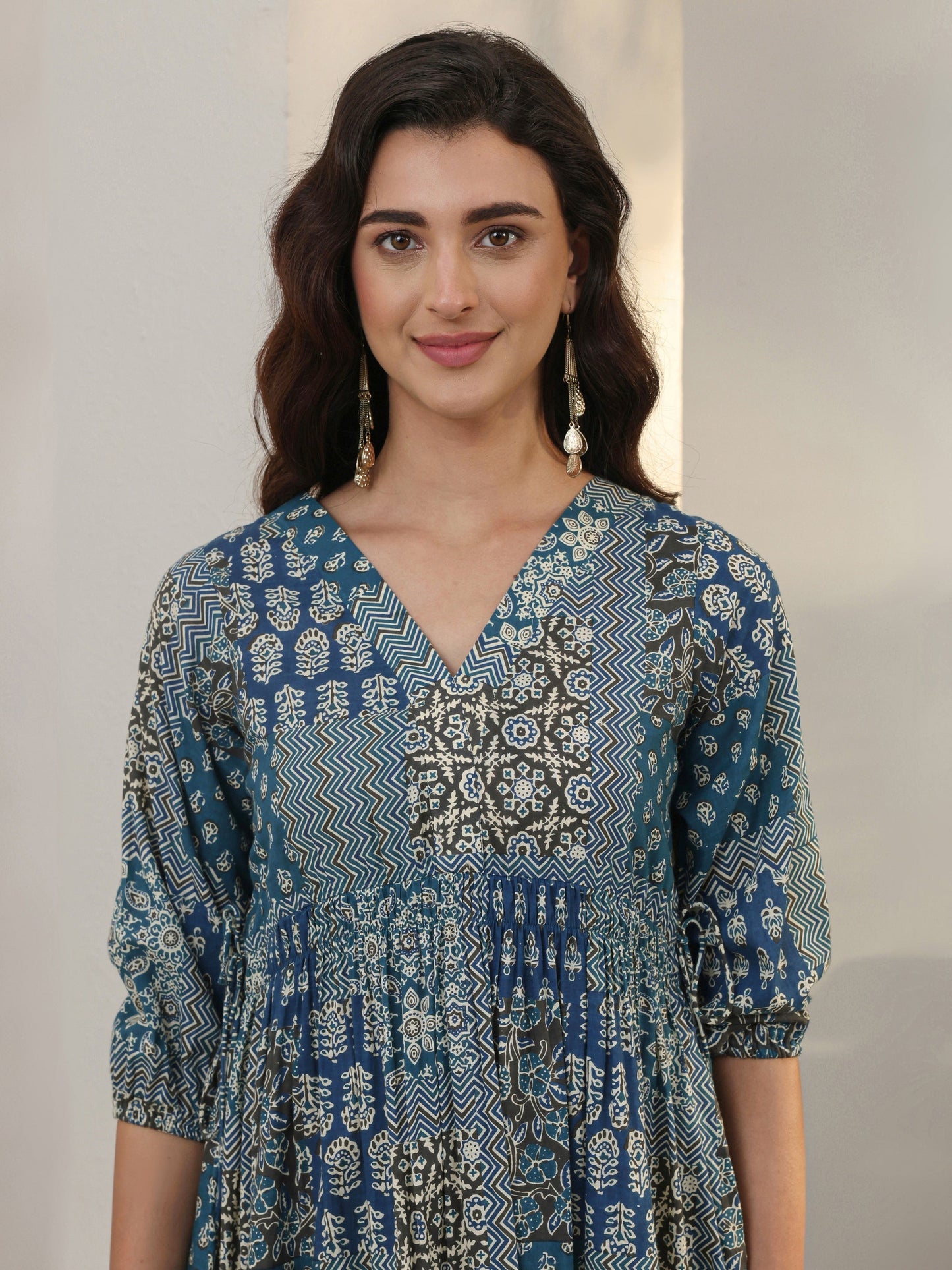 Libas Blue Ethnic Printed Cotton A-Line One Piece Dress