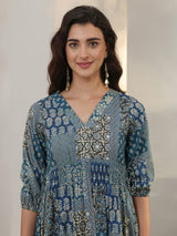 Libas Blue Ethnic Printed Cotton A-Line One Piece Dress
