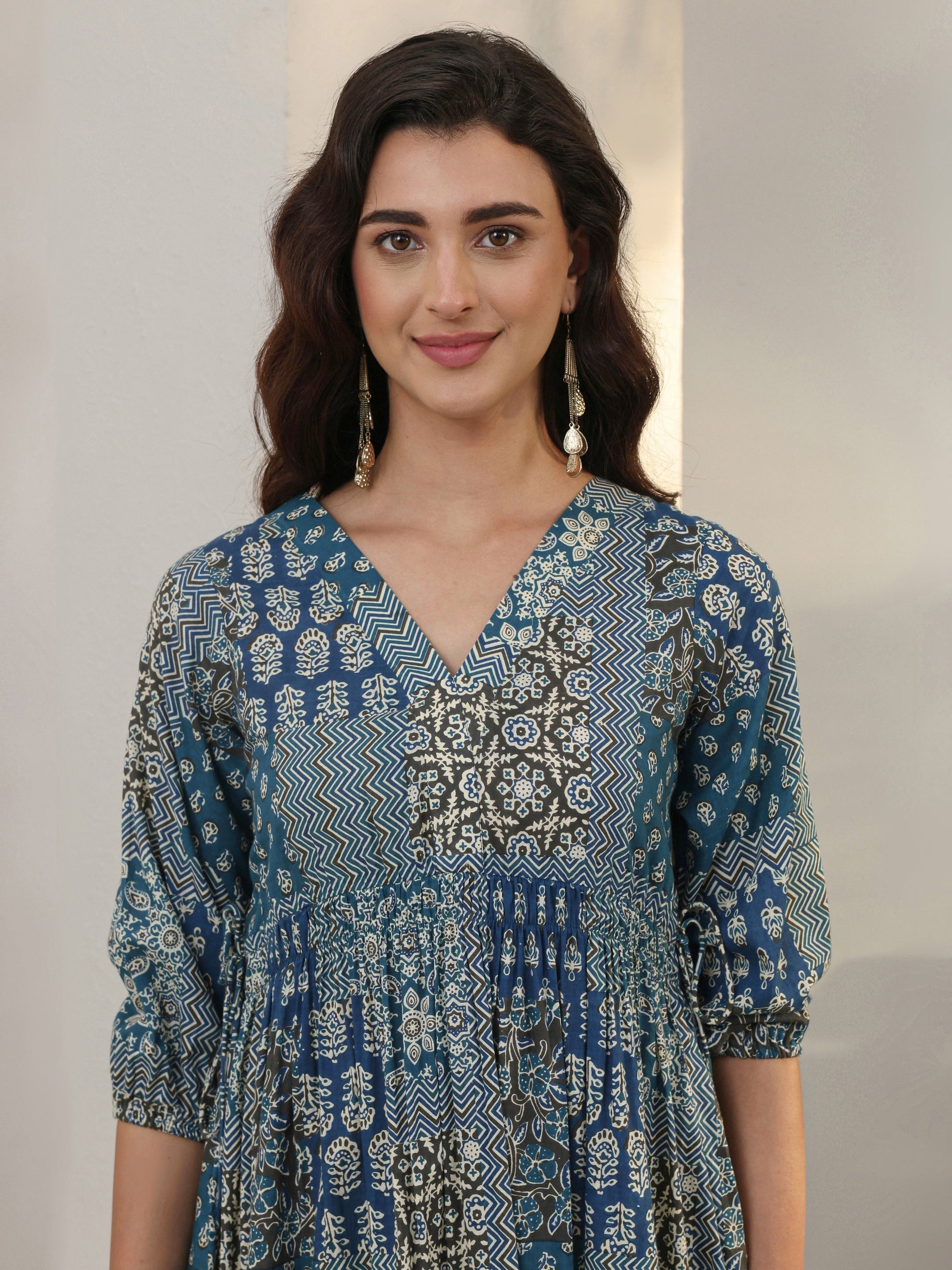 Libas Blue Ethnic Printed Cotton A-Line One Piece Dress