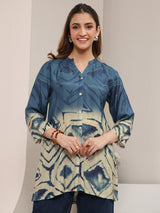 Libas Teal Abstract Printed Muslin Straight Ombre Short Kurti