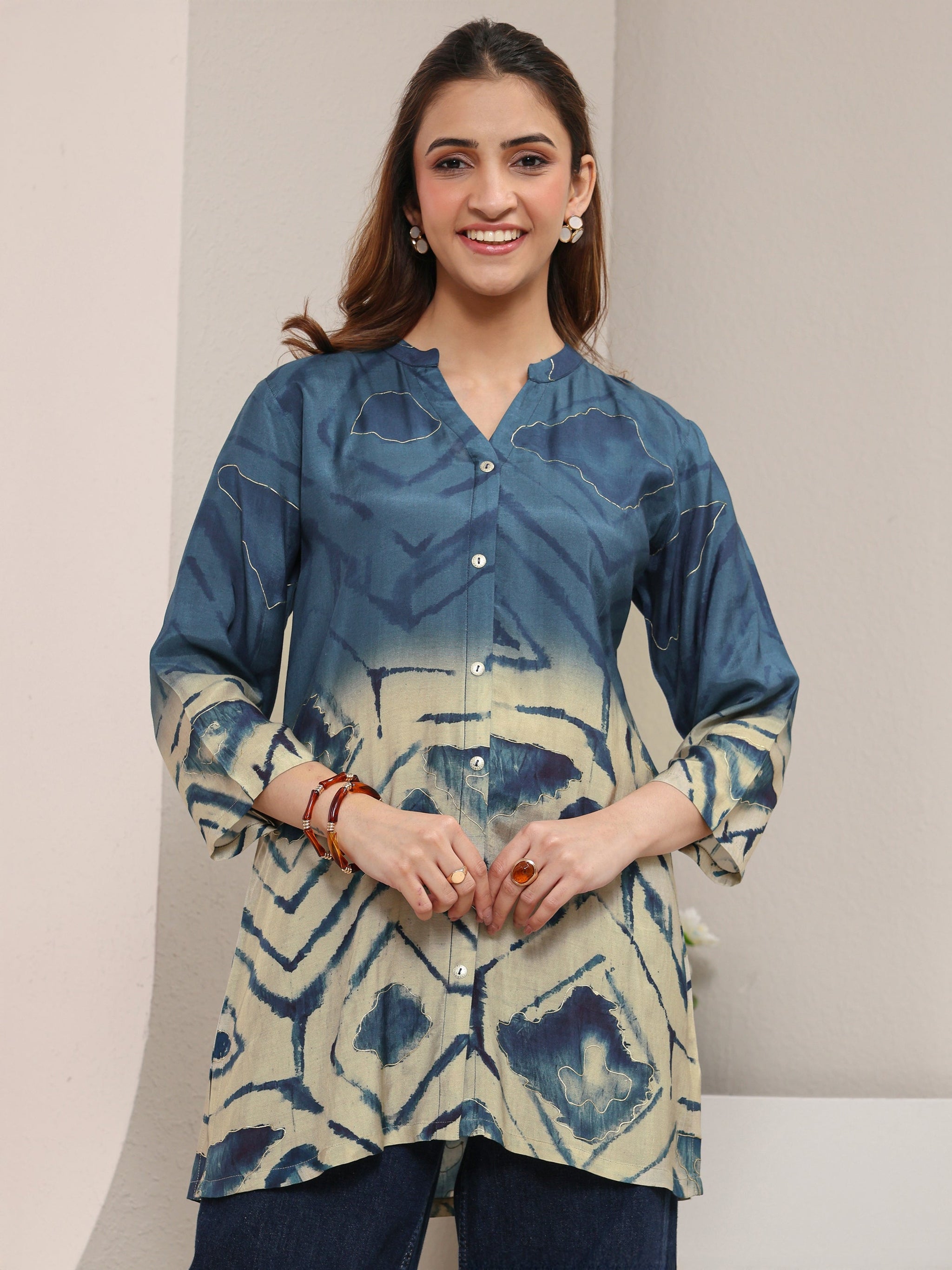 Libas Teal Abstract Printed Muslin Straight Ombre Short Kurti