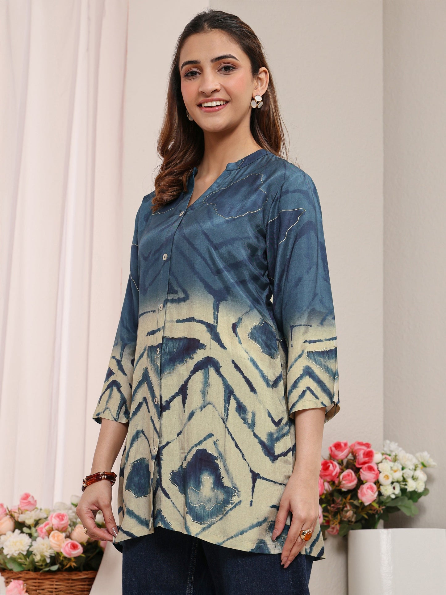 Libas Teal Abstract Printed Muslin Straight Ombre Short Kurti