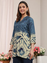 Libas Teal Abstract Printed Muslin Straight Ombre Short Kurti