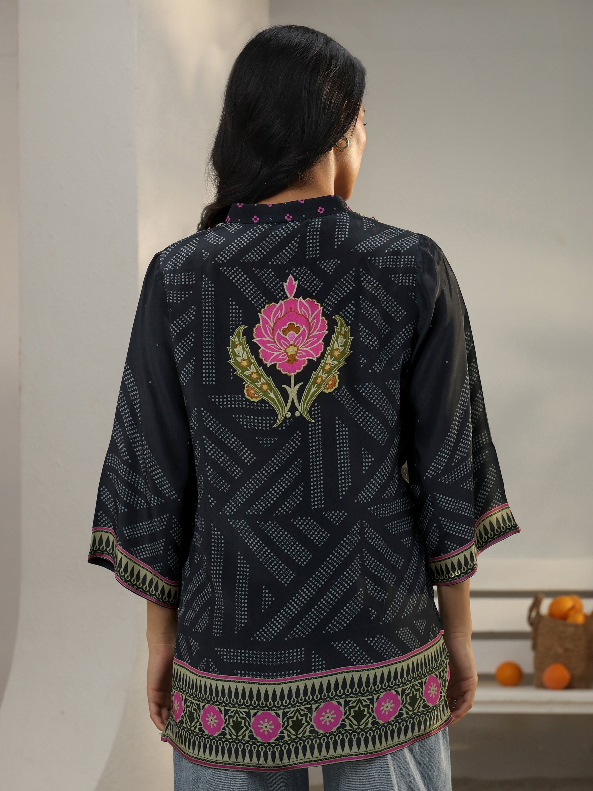 Libas Black Bandhani Printed Crepe Shirt