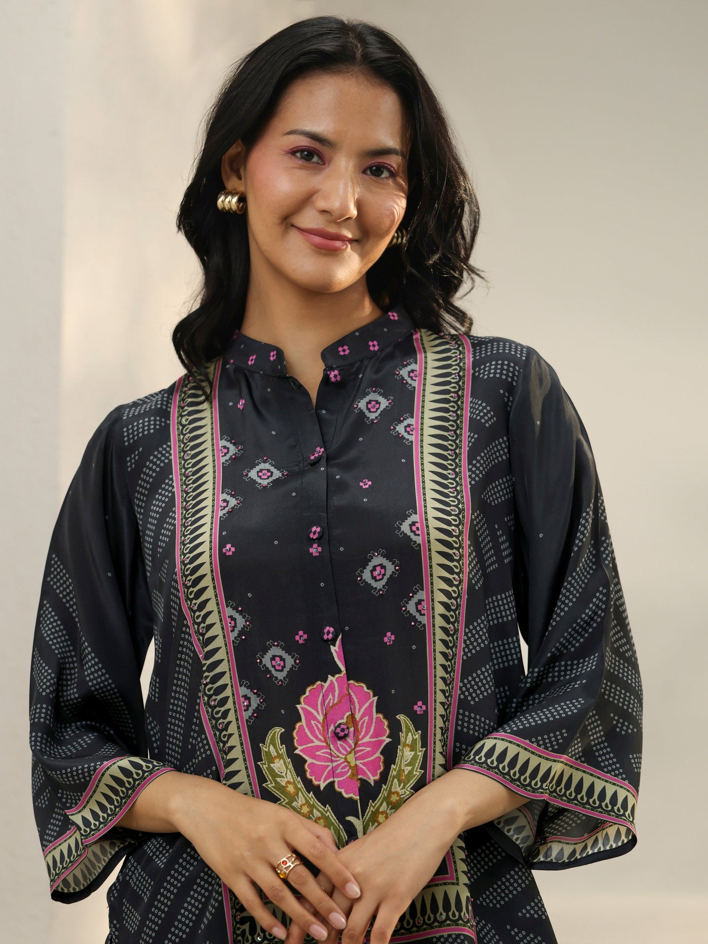 Libas Black Bandhani Printed Crepe Shirt