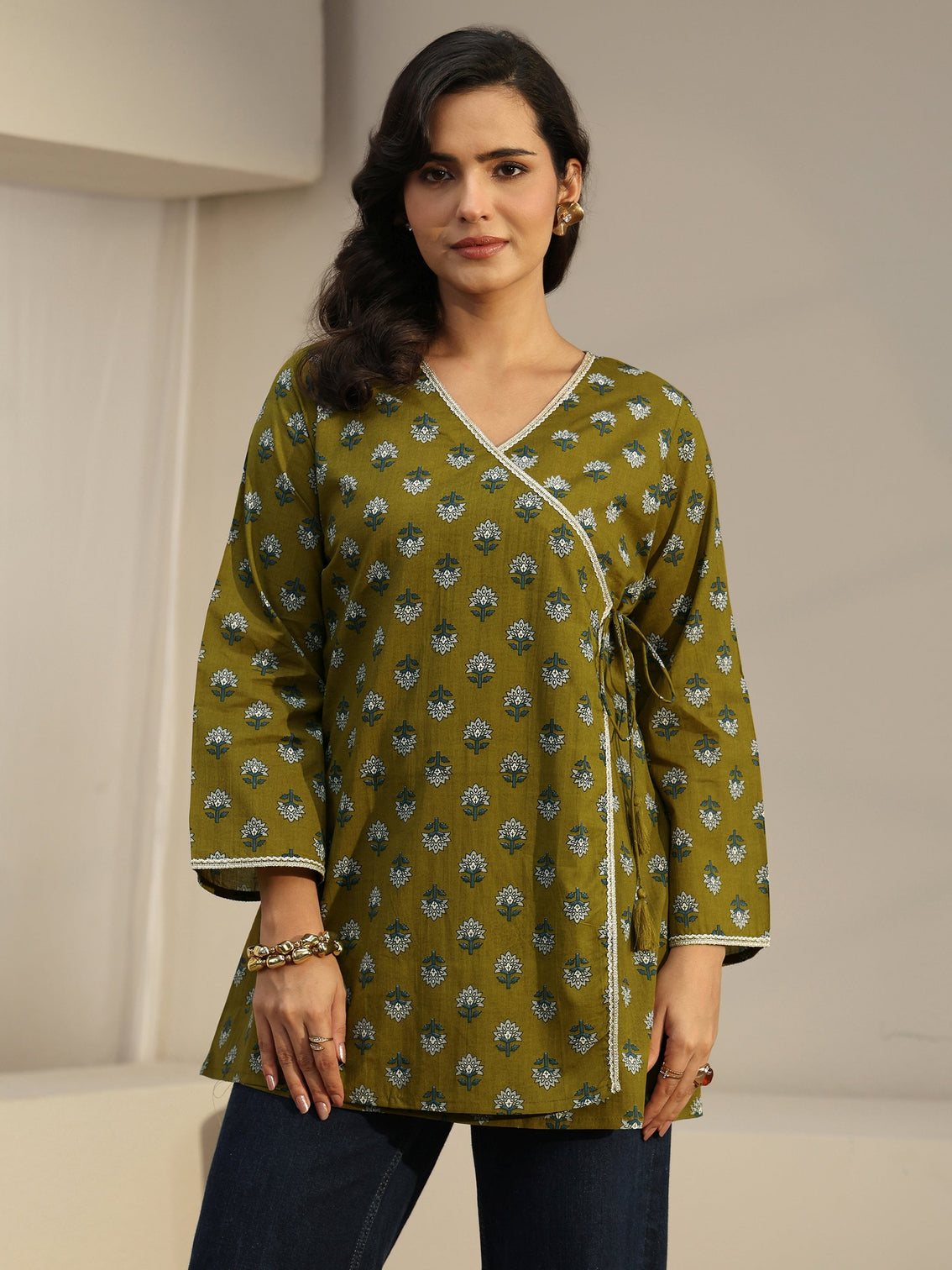 Mameraa Olive Green Angrakha Floral Printed Cotton Short Kurti