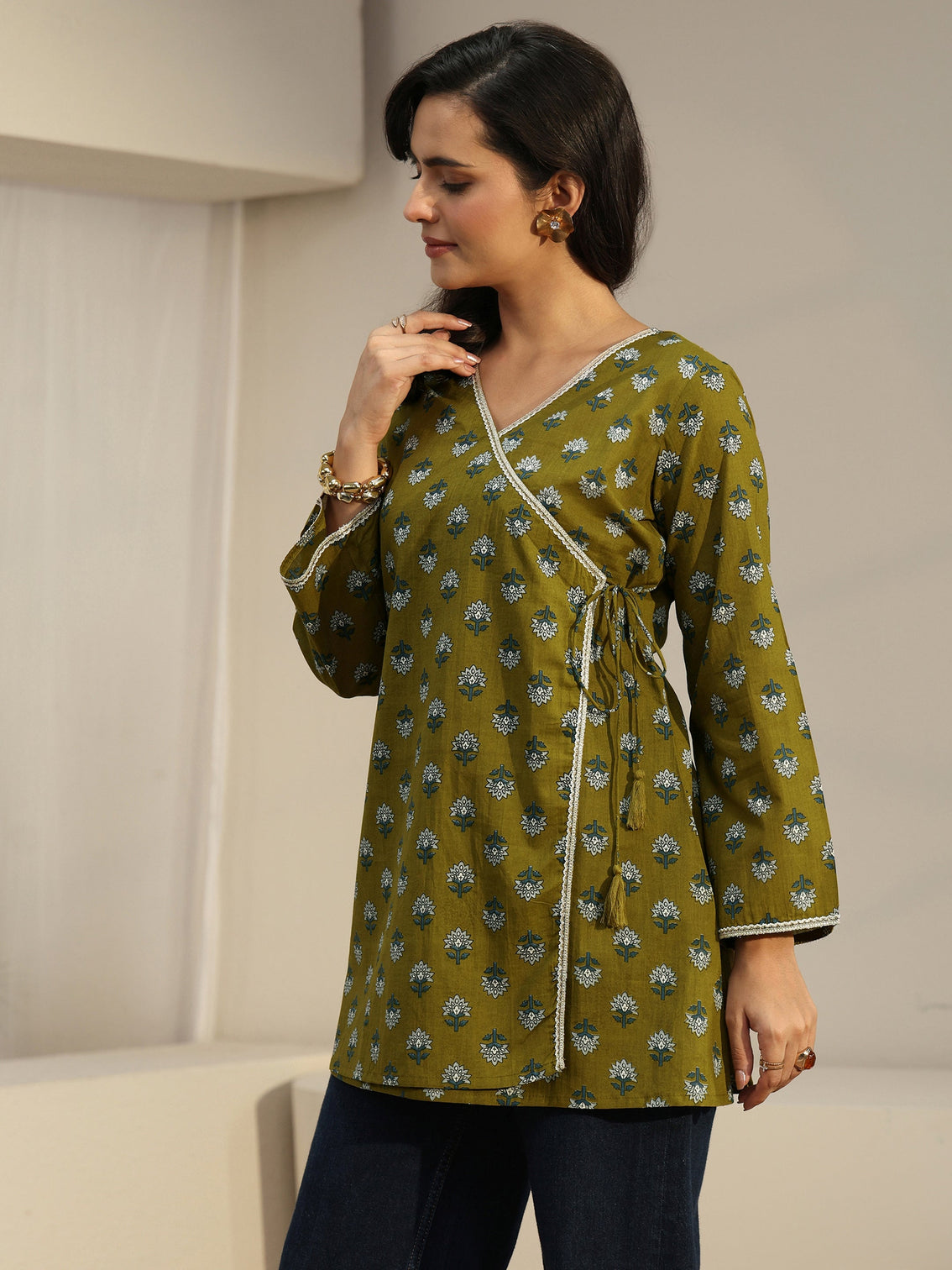 Mameraa Olive Green Angrakha Floral Printed Cotton Short Kurti