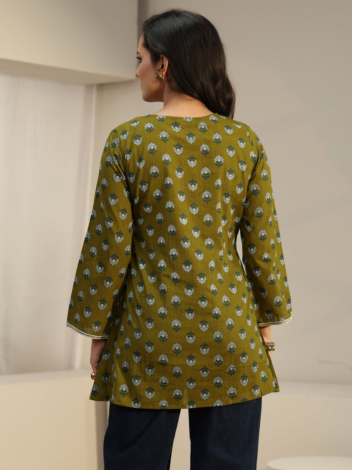 Mameraa Olive Green Angrakha Floral Printed Cotton Short Kurti