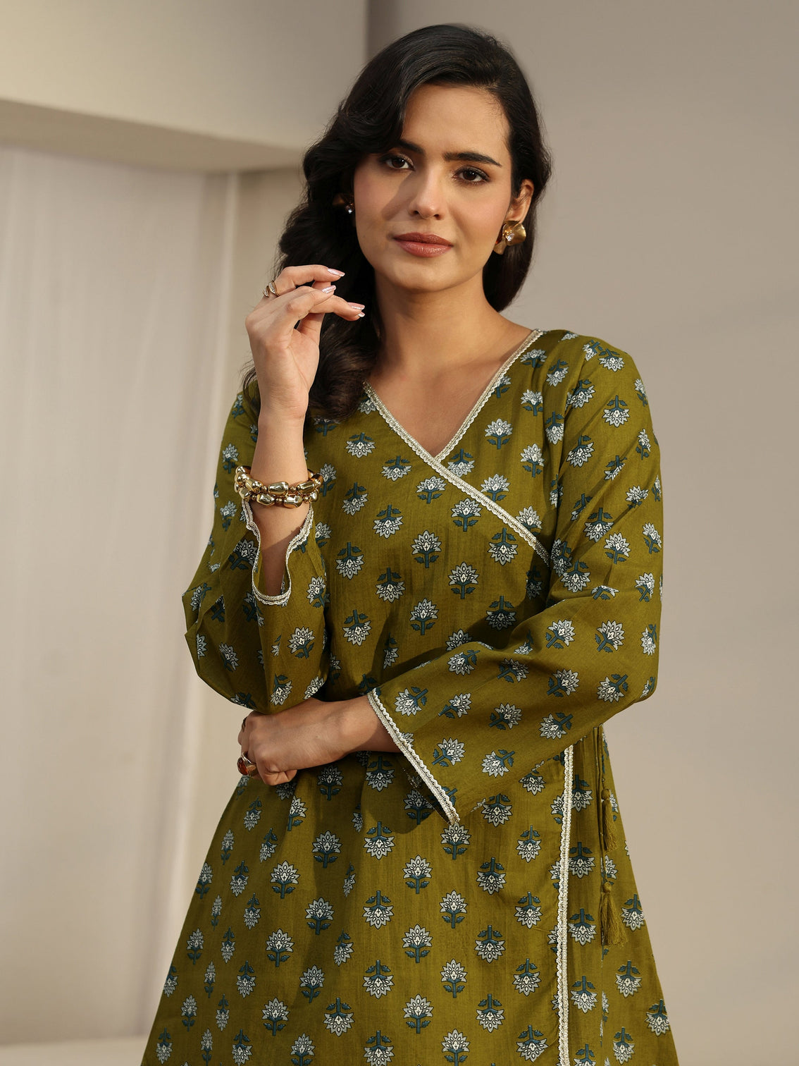 Mameraa Olive Green Angrakha Floral Printed Cotton Short Kurti