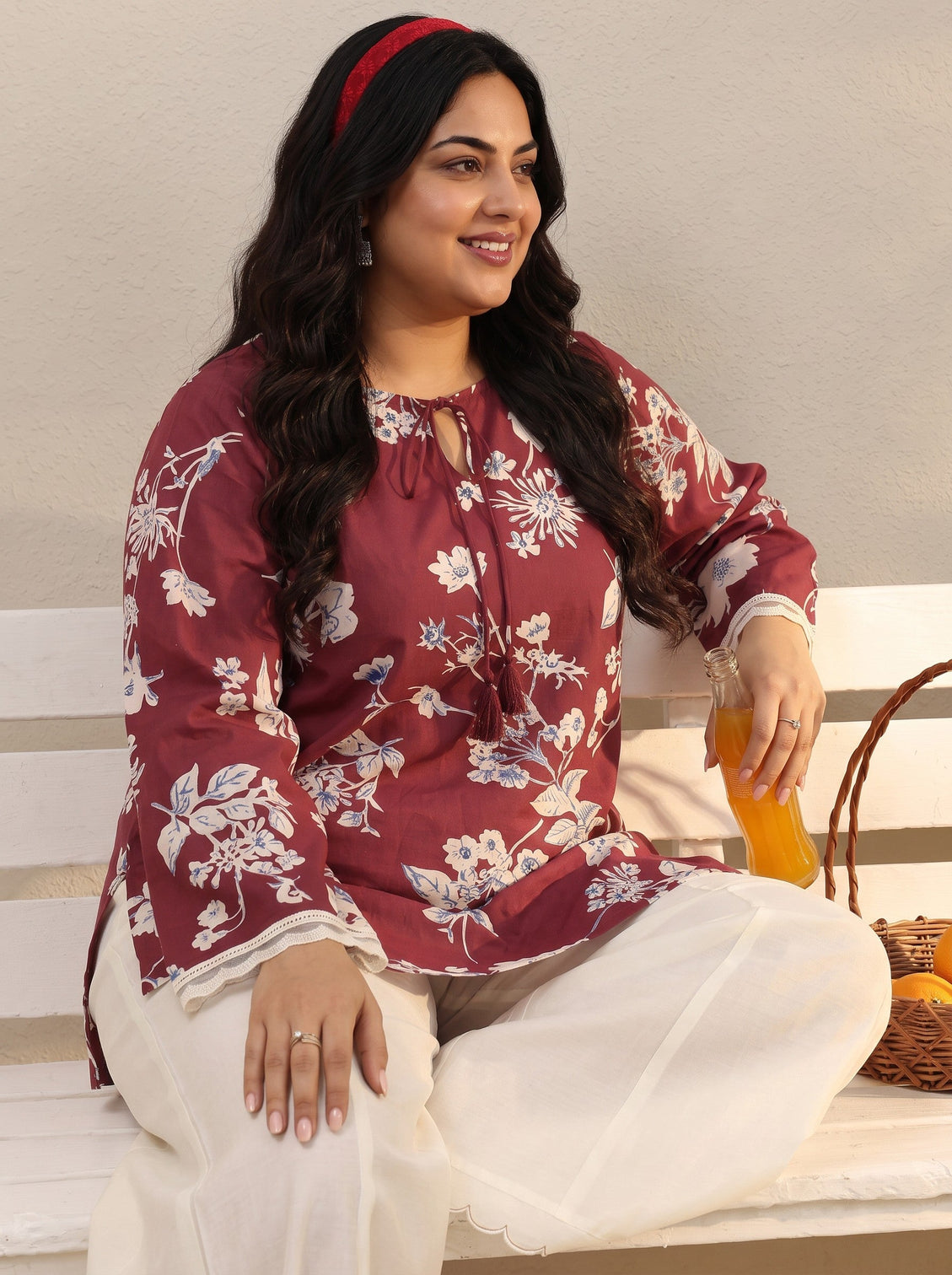 Plus Size Red Floral Printed Cotton Tie-Up Straight Short Kurti