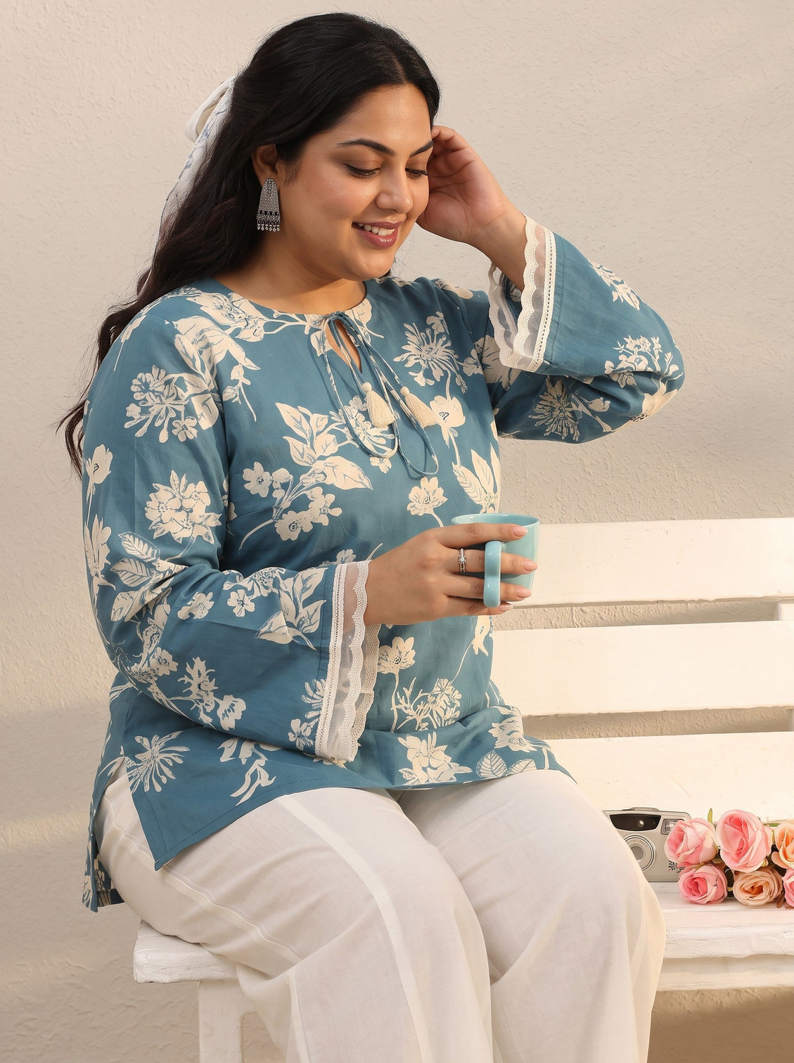 Plus Size Blue Floral Printed Cotton Tie-Up Straight Short Kurti