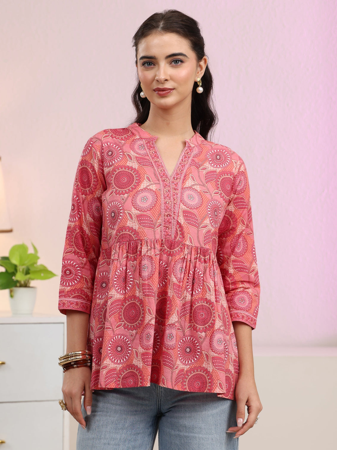 Mameraa Peach Floral Printed Cotton A-Line Pleated Top
