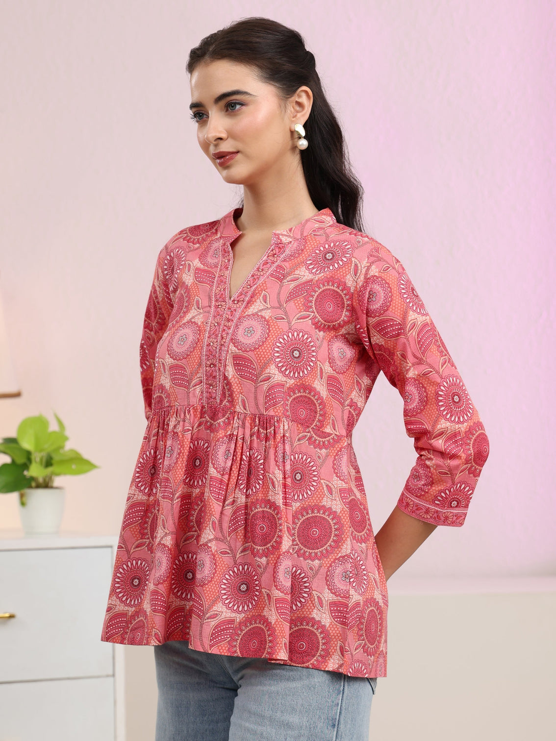 Mameraa Peach Floral Printed Cotton A-Line Pleated Top