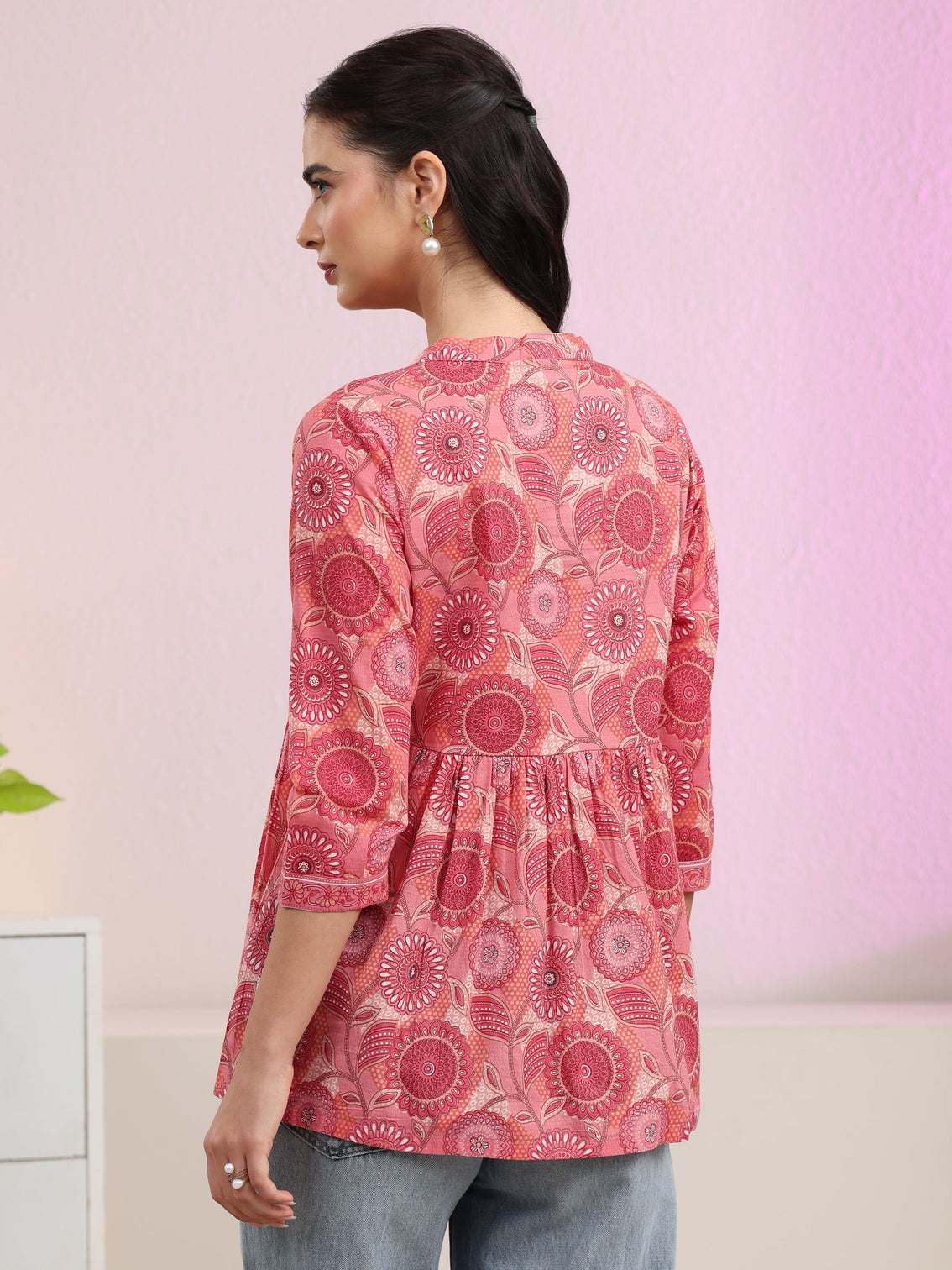 Mameraa Peach Floral Printed Cotton A-Line Pleated Top