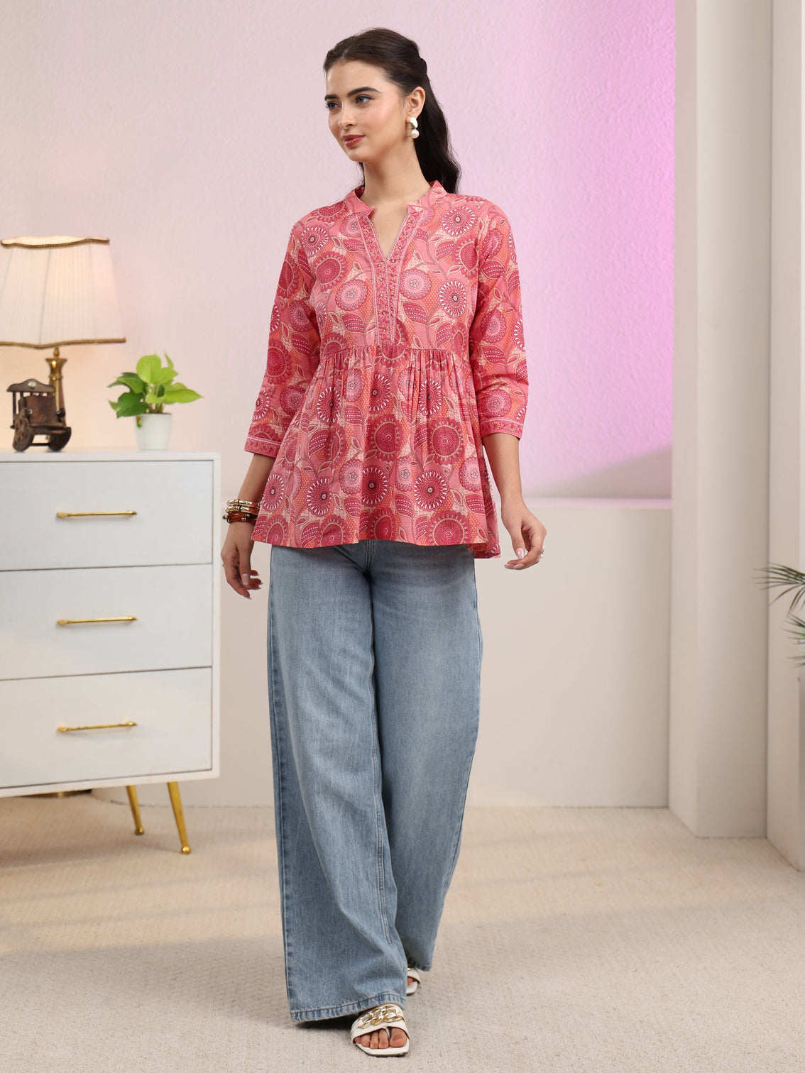 Mameraa Peach Floral Printed Cotton A-Line Pleated Top