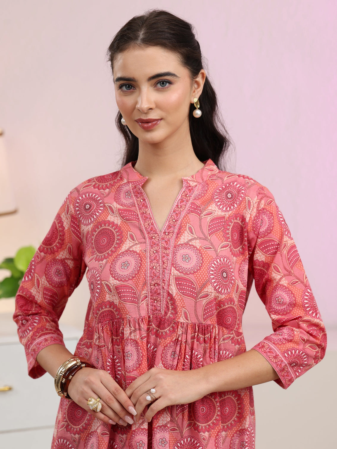 Mameraa Peach Floral Printed Cotton A-Line Pleated Top