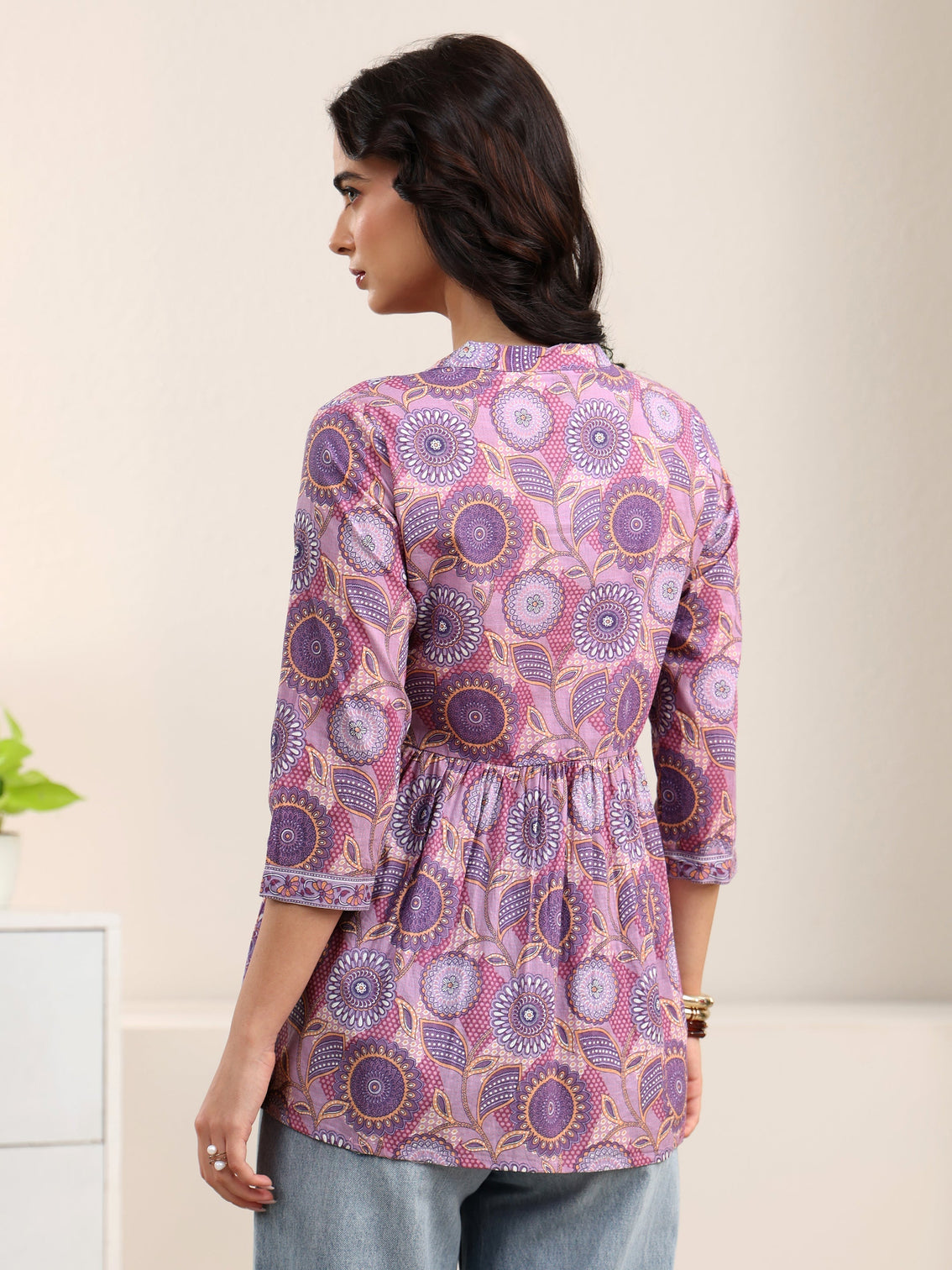 Mameraa Lilac Floral Printed Cotton A-Line Pleated Top