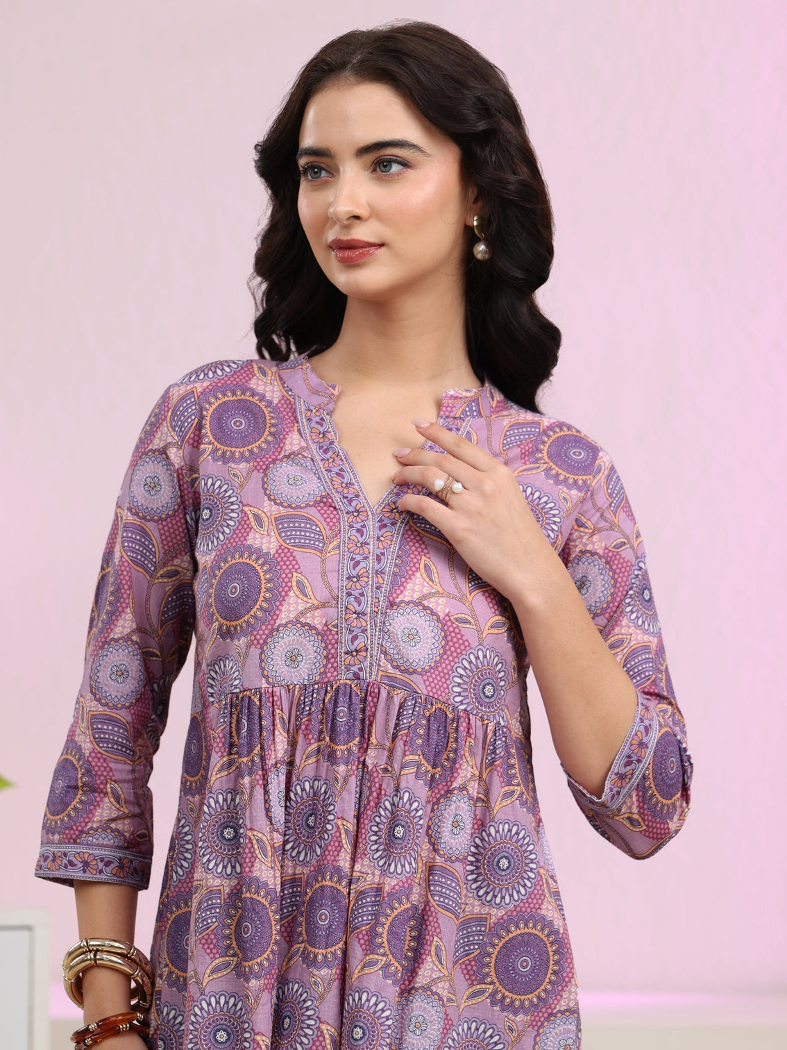 Mameraa Lilac Floral Printed Cotton A-Line Pleated Top
