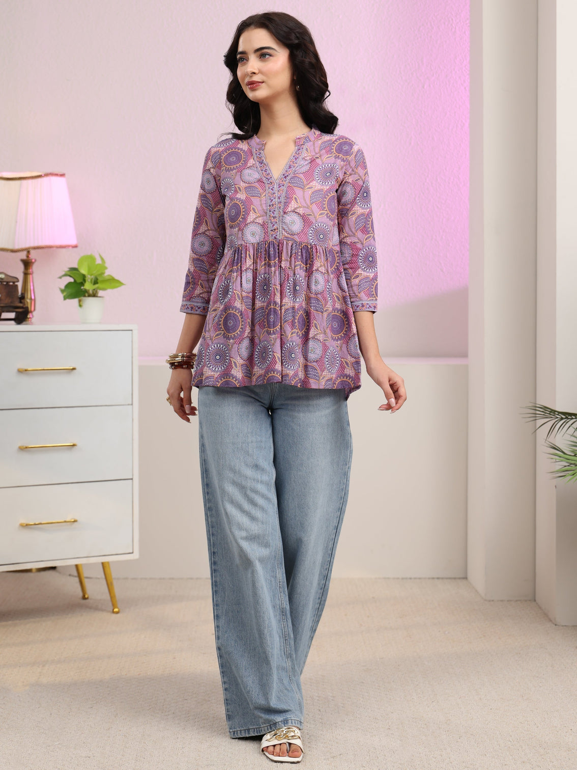 Mameraa Lilac Floral Printed Cotton A-Line Pleated Top