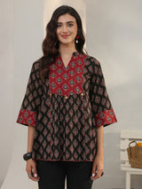 Libas Black Ethnic Printed Cotton A-Line Short Kurti