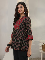 Libas Black Ethnic Printed Cotton A-Line Short Kurti