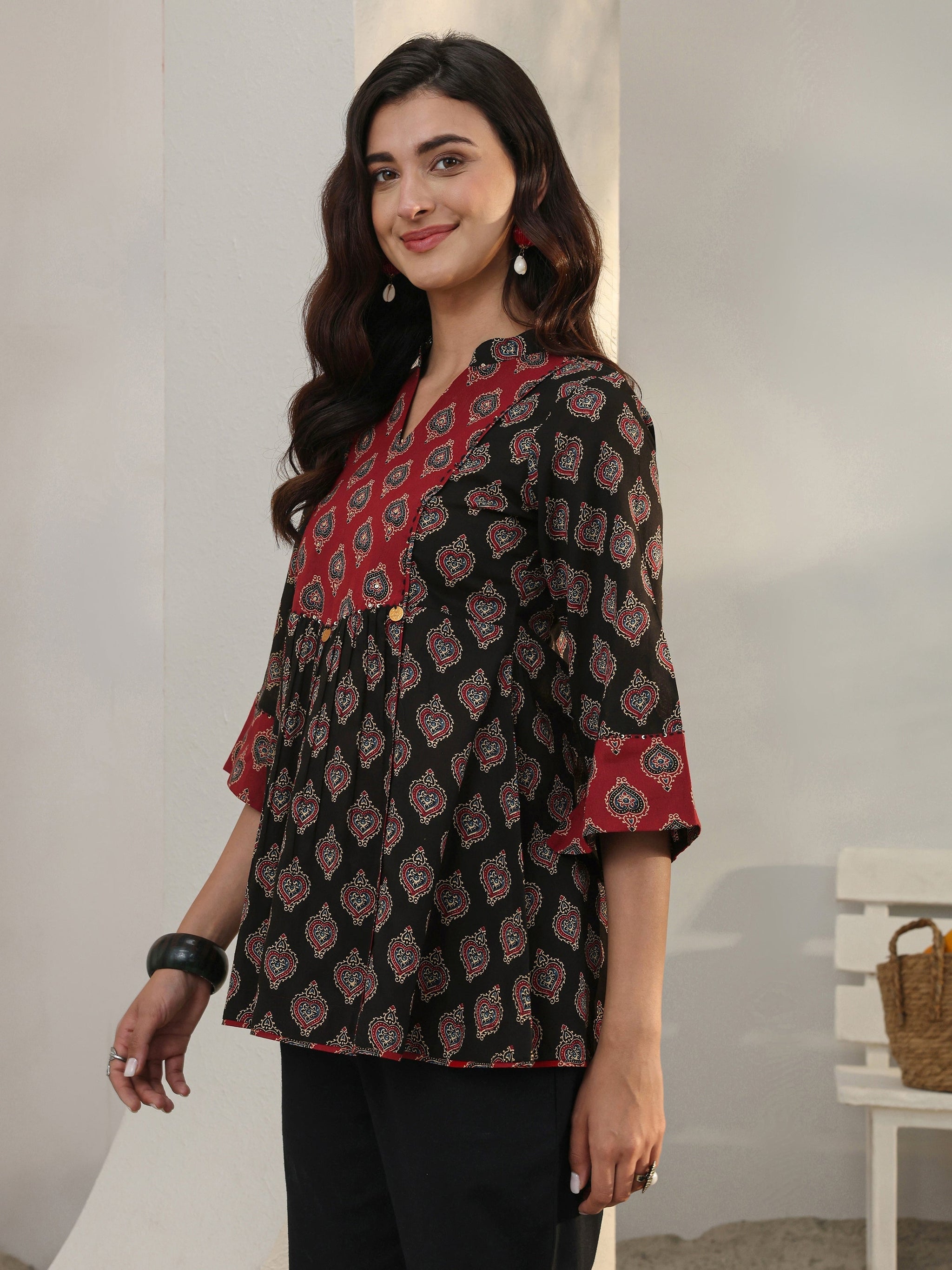 Libas Black Ethnic Printed Cotton A-Line Short Kurti