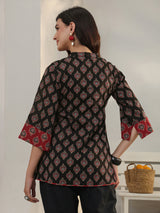 Libas Black Ethnic Printed Cotton A-Line Short Kurti